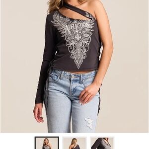 Affliction Charcoal One-Shoulder Long Sleeve Top